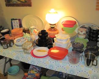 Vintage Red Pyrex, Vintage Blue Cornflower Corning ware, Pyrex and Anchor Hocking Glass Storage Containers, Tupperware, Rubbermaid, Dish Sets, Temptations by Tara, Platters- Currier and Ives