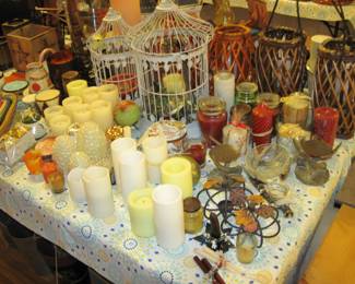 Candles, Ornate Holders, Decorative White Bird Cages 