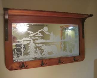 Bear Etched Glass Mirror with wood Shelf and Coat Rack