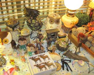 Owl Figurines, Ceramic, Metal, Candleholders, Glasses and matchiing wood platter... Moose Items