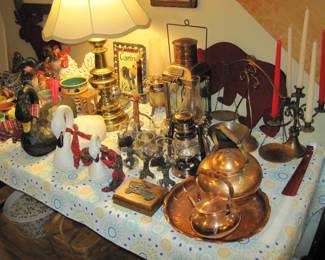 Copper and Pewter Items, Decorative Wood Ducks 