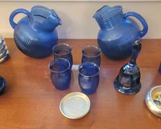 Hazel Atlas Cobalt Blue Pitcher & Juice Glasses, Shirley Temple Glass Hen On Nest, and Glass Coasters