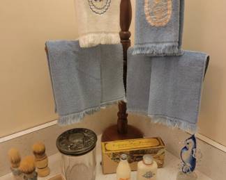 Hand Made Towel Holder w/ Hand Towel's and Vintage shaving Brushes 