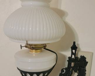 Vintage Cast Iron Wall Lamp  with Milk Glass Shade (has been electrified)
