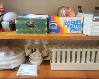Wedding Cake Items , Cookie Presses, Vintage Spices, Electric Mixer, & Can Opener