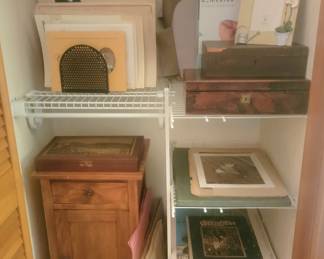 Solid Wood Cabinet and unframed Art and Wooden Boxes
