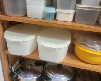 Food Storage Containers, Vintage Demach Pressure Cooker,  Sunbeam Cooker & Deep Fryer, and Toaster All in excellent condition.