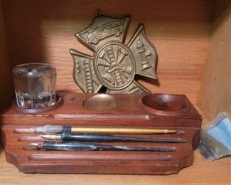 Fountain Pen Holder/Ink Well and Fireman's Plaque