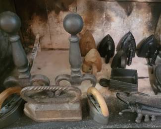 Andirons and Antique Sad Irons