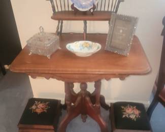 Antique Table and Pair of Footstools