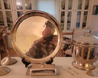 Sterling Candle Sticks,  Silver Plate Tray & Ice Bucket and Butter Dish