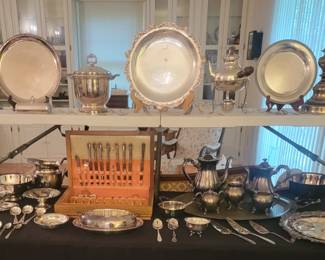 Wm. Rogers & Sons IS Flatware "Exquisite" and other Silver Plate Trays, Ice BUcket, Serving Pieces, and more