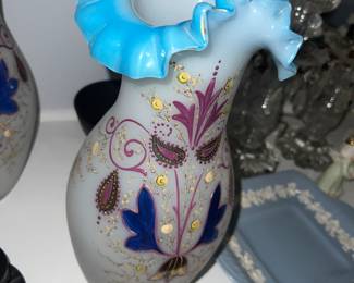 Gorgeous Ruffled hand painted Glass vases (pair) with Pontil 