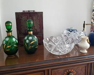 Painted Green (Czeck?) glass decanters
