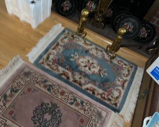 Fireplace tools and Peacock screens, small entry rugs