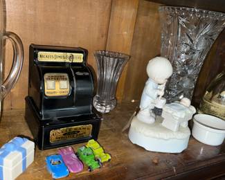 Nickels Dimes Uncle Sam's Bank, model cars, Precious Moments music box (you start it, you buy it!!!!!)