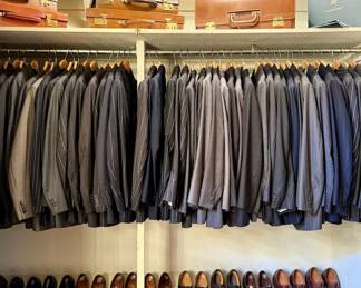 Collection of fine custom-tailored men’s two-piece suits by Henry Poole & Co., 15 Saville Row, London, approximately 50 are available – greys, pinstripes and others + some sports jackets (Note: Judge Feldman was 5’8 and small-framed)
