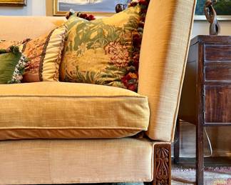 Carved hardwood ‘Triplady’ Knole sofa, lobed finials, adjustable arms, velvet upholstered and down cushion
