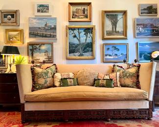 Carved hardwood ‘Triplady’ Knole sofa, lobed finials, adjustable arms, velvet upholstered and down cushion
