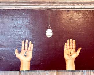 Monica Zeringue (New Orleans, b. 1964), “Choose (Hands with Egg),” oil on panel, 1999, signed
