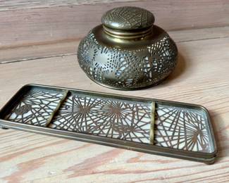 Tiffany Studios “Pine Needle” two-piece bronze desk set – inkwell and pen tray, both stamped Tiffany Studios New York 1006
