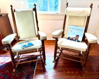 Two Lawrence J. Arata-style “John F. Kennedy” rocking chairs, upholstered in vintage vinyl 
