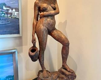New Orleans School, contemporary terracotta sculpture of a standing nude female wearing a hat
