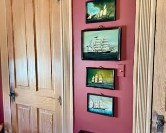 Group of five Églomisé paintings, sailboats at sea
