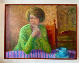 Dell Weller (Louisiana 1927-2017) “Woman Having Tea,” oil on canvas, 1984, signed