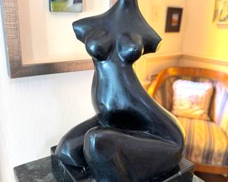 Harold Athey (American, b. 1920), “Ecstasy (Seated Nude),” patinated bronze on a marble base, titled on plaque mounted on base
