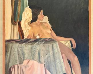 Linda Vise (American), “Female Nude Sitting at Table,” oil on canvas, 1989, signed
