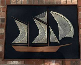 Vintage MCM Style Framed Nautical Boat Art Piece 