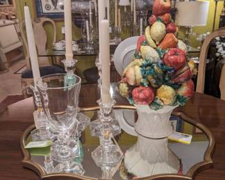 Vintage Steuben Vase, Crystal Candlesticks, Hand Painted Ceramic Topiary