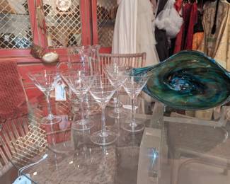 Lead Crystal martini glasses, Original Signed hand blown glass art