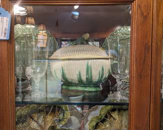 Vintage Majolica Tureen, Oneida Crystal with gold rim wine, water and champagne glasses