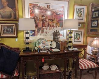 Maitland Smith Buffet, 3 piece vintage style Tobacco Leaf Tureen, Italian WCC divided dish and small dish,  Buddha Head sculpture, Antique leather bound books, Vintage brass Eagle bookend.