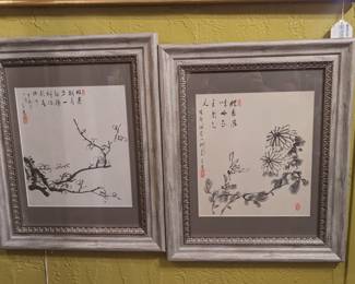 Pair of framed Chinese pen and ink paintingscwith calligraphy 