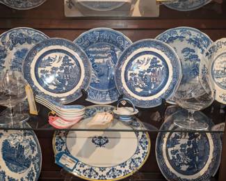 Churchill Blue Willow salad plates, vintage Chinese porcelain soup spoons, Set of 3 Spode Blue Room Collection Plates, Crystal Brady glasses