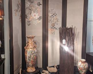 4 panel silk embroidered screen, 24 inch Satsuma case, pair of vintage Chinese Shiwan Ducks