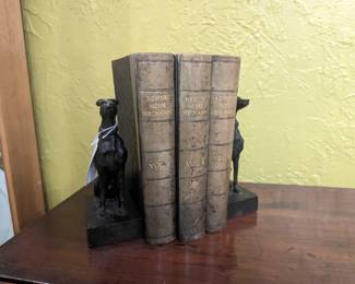 Antique leather bound books, Pair of cast iron Whippet bookends 