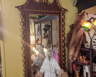 Early American style mirror, Bronze Woman signed by D Backhouse