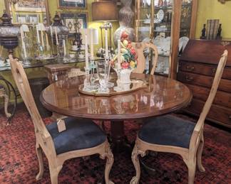 48 inch round pedestal table, Bleached mahogany Chippendale Style arm chairs