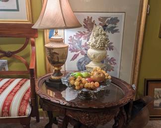 Silver plate basket, MCM Agate grapes, Italian style table lamp, Fruit urn centerpiece 