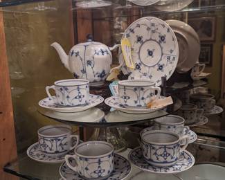 6 cup/saucer Winterling - Bavaria Germany Strawflower Blue and White, Royal Copenhagen Blue fluted teapot, Royal Copenhagen Blue fluted wide saucer