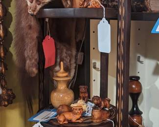 Vintage wooden netsuke's, hand painted wooden duck, Vintage 3 tier hand carved stand