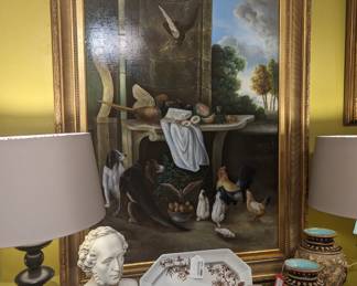 Original Oil on Canvas Still Life by Pickenhagen, Vintage Kenilworth Halcock & Co. Cobridge England Platter, Pair of 19th century Wilhelm Schiller and Sons Majolica Vases