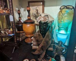 Mink fur collar, Vintage hat, Pair deco style pieces, Glass heads, Brass Monkey Man