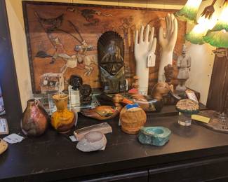 Vintage General Porcelain Glove Hand Molds, Gold Sheen Obsidian Stone Aztec Figure, Hand Painted wood ducks, Marbled vase, Agate pieces