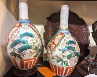 Pair Antique Japanese Meiji Imari Vases, Antique Chinese Cinnabar Foliate rimmed plates