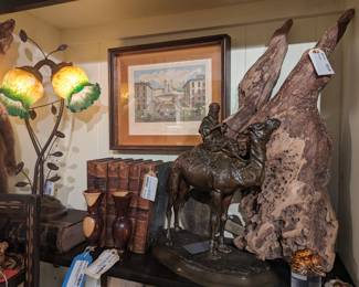 Antique leather bound books,  Bronze Rider on Camel, driftwood, Vintage hand turned wood vases